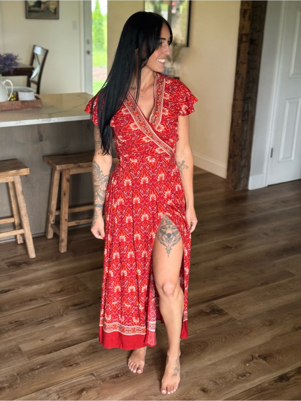 Red Boho Wrap Maxi Dress with Short Sleeves